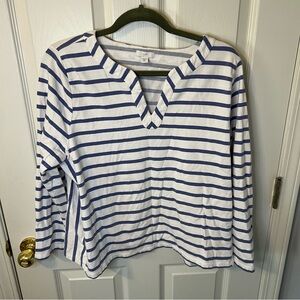 J. Jill White and Blue Boxy Blouse with Three-Quarter Sleeves